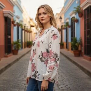 Torrid Floral Tie Neck Blouse Women's Plus Size 2 Long Sleeve Pink Roses Cream